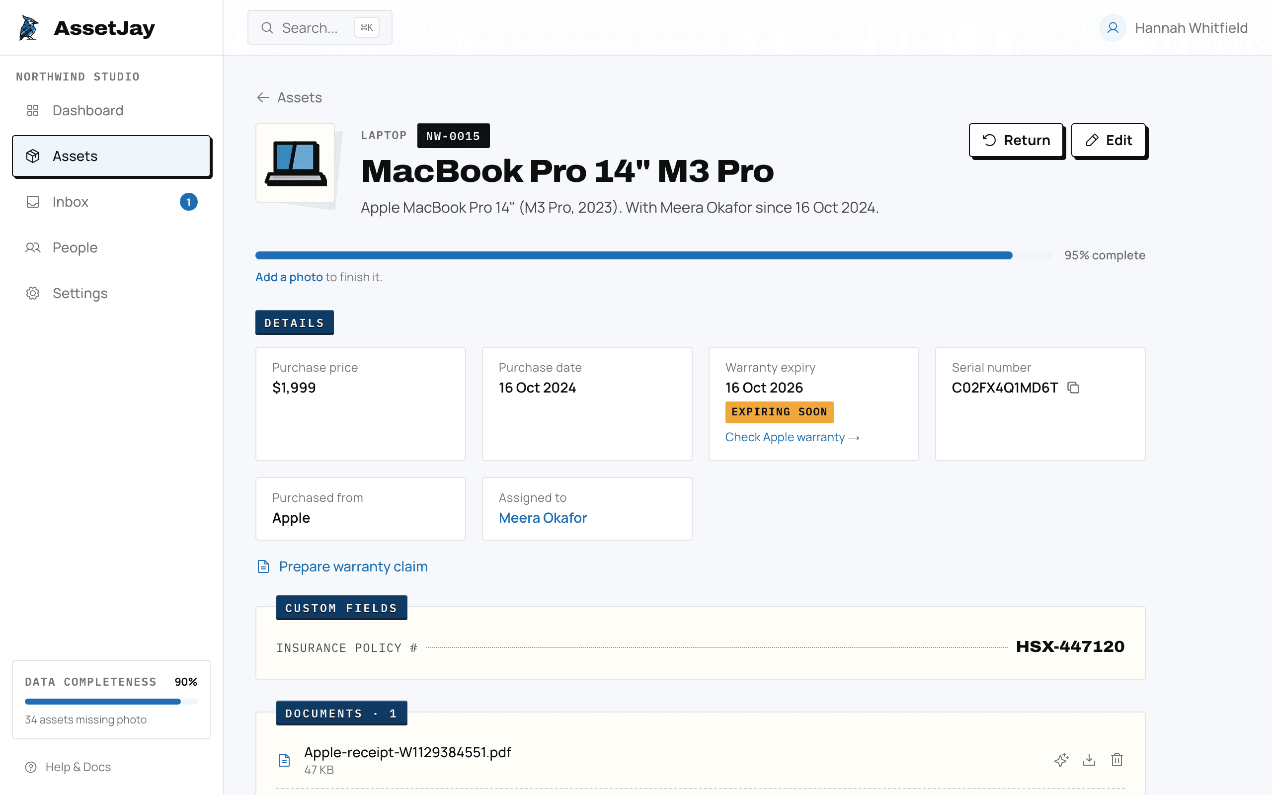 AssetJay asset page for a MacBook Pro with an expiring soon warranty tape and the receipt PDF under Documents.