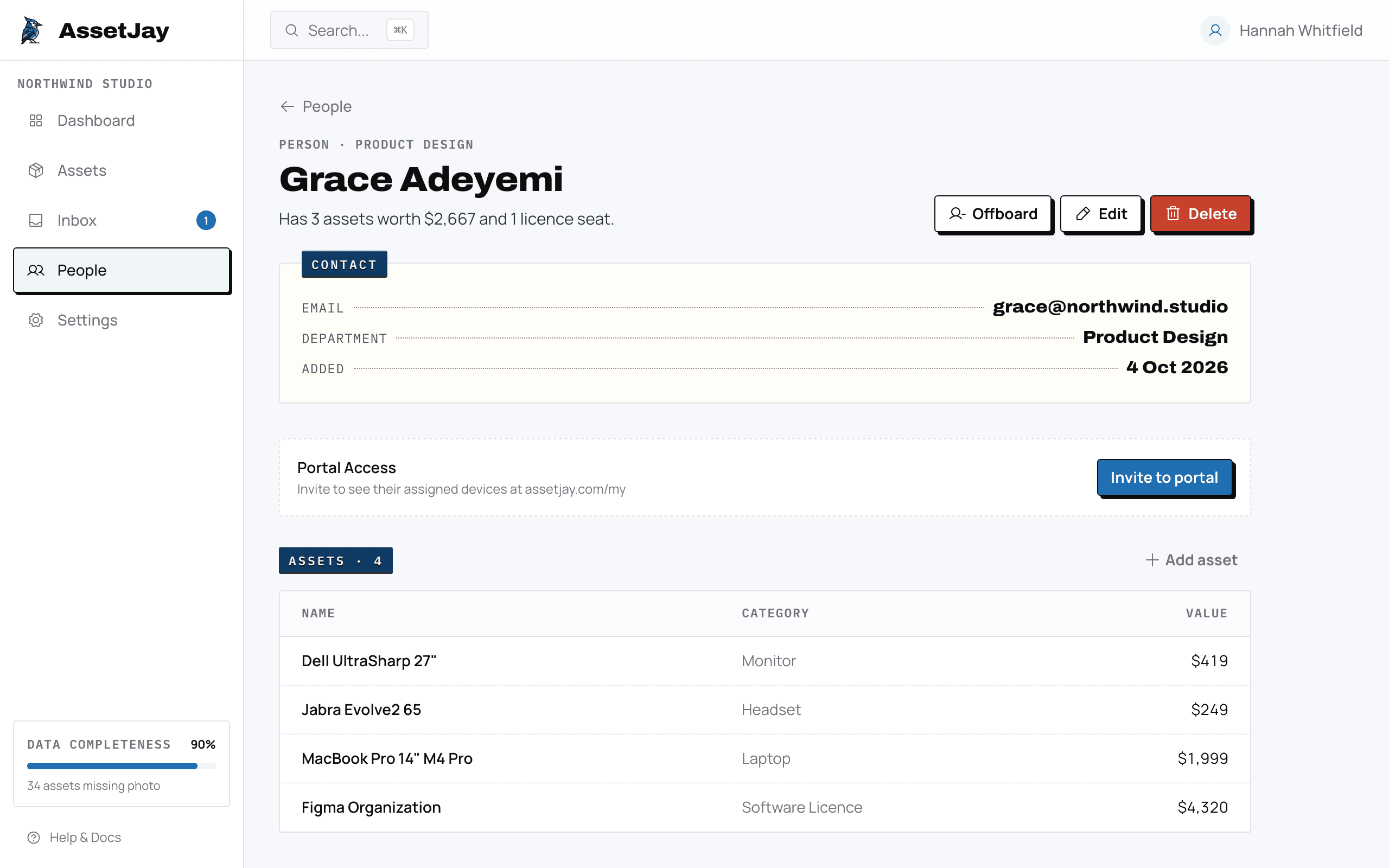 AssetJay person page for Grace Adeyemi listing the four items assigned to her.